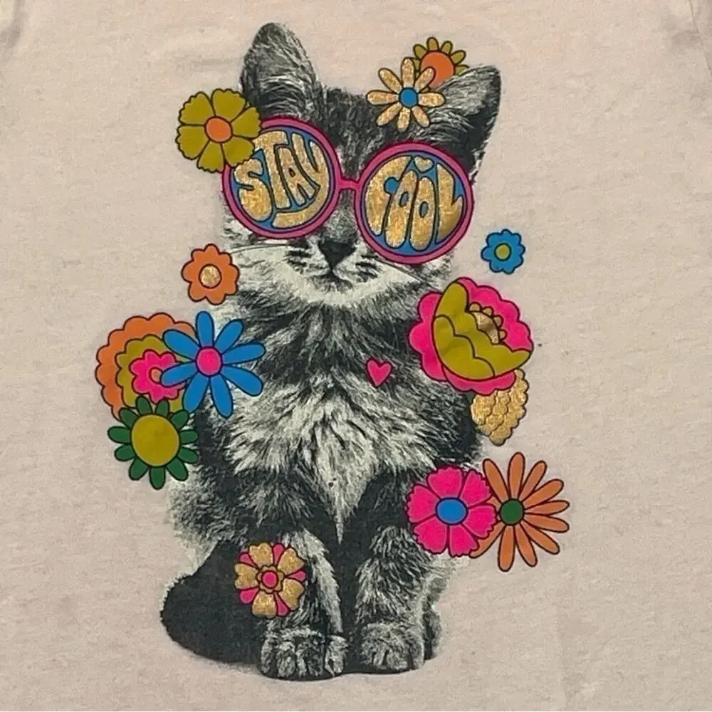 Old Navy Girls Cat Graphic T-Shirt Size 5 Stay Cool Sunglasses Kitty Tee